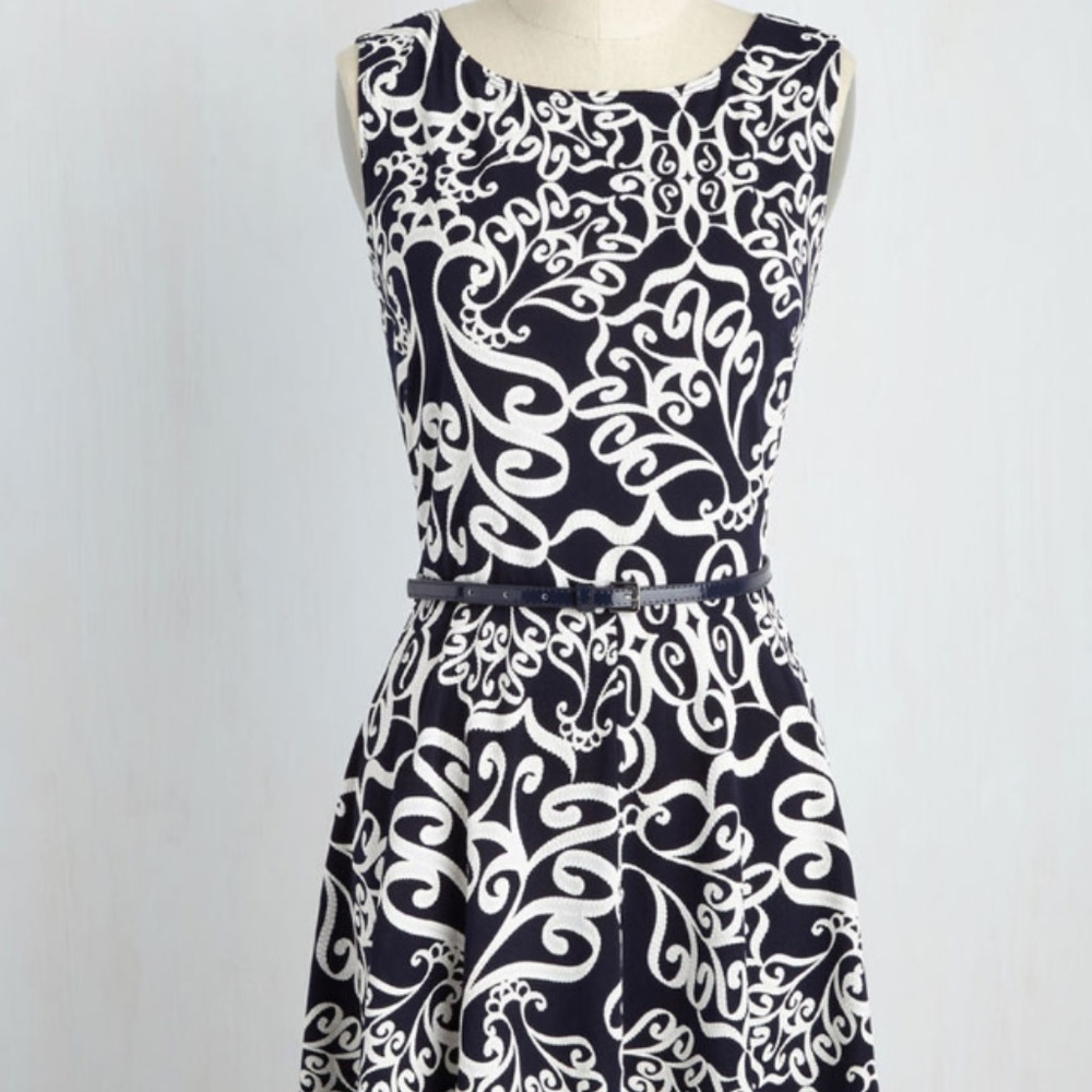 Navy and white swirl pattern dress